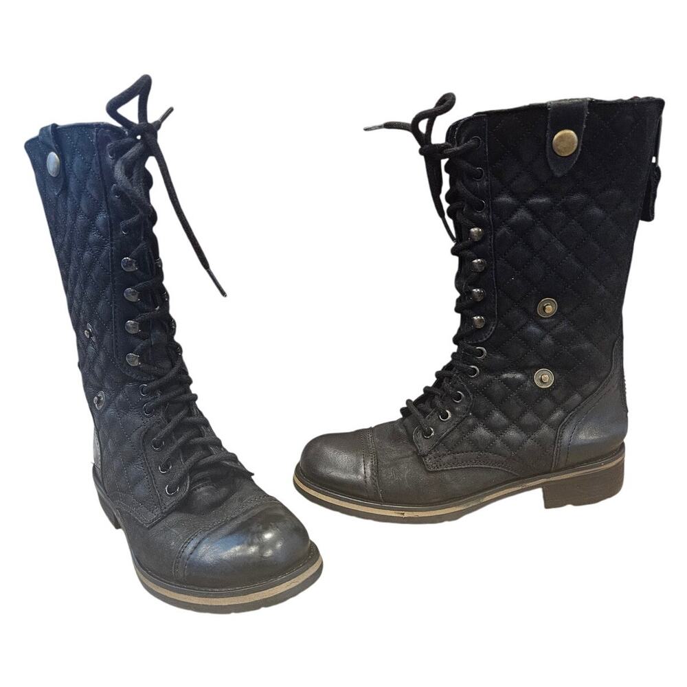 Steve Madden Black Leather Quilted Fold Over Combat Boot sz 7 Utility Basic